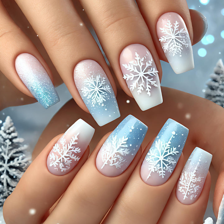Wintry Artistic Nails with Shimmering Snowflake Design Stornfield