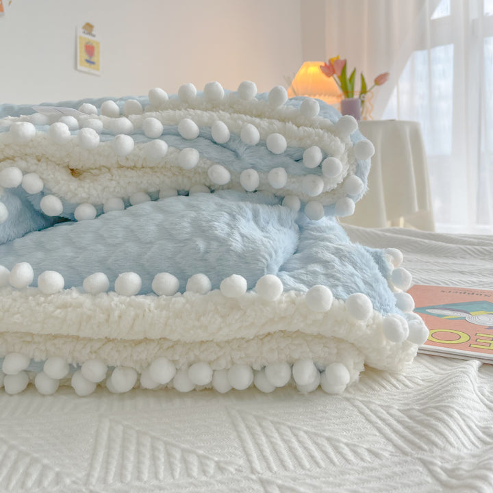 Plush Reversible Sherpa Throw Blanket with Pom-Pom Edge