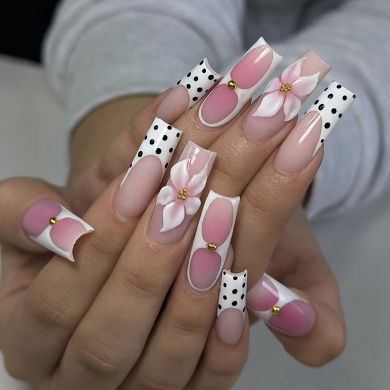 Artificial nail set with elegant flower and polka dot patterns Stornfield