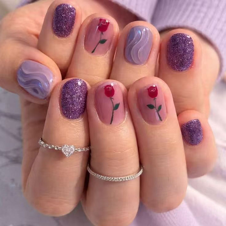 Elegant Artificial Nails with Floral Rose Design Stornfield