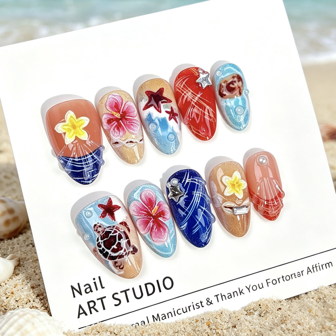 Themed Press-On Nail Art Set with Oceanic Designs