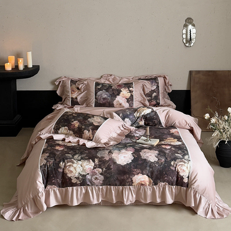 Antique Watercolor Panel Ruffled Duvet Cover Set with Frilled Pillow Shams