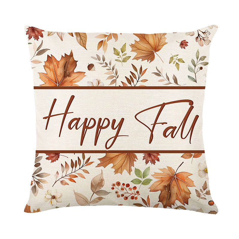 Square Cotton-Linen Autumn Botanical Pumpkin Accent Pillow Cover with Concealed Zipper