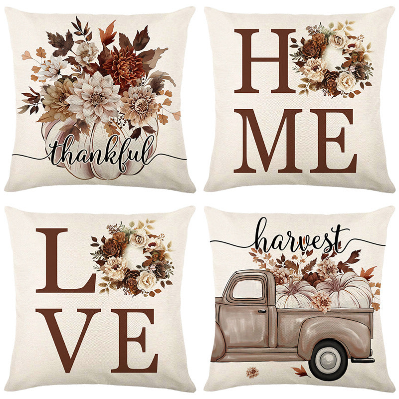 Square Cotton-Linen Throw Pillow Cover with Oversized LOVE Typography & Floral Wreath Print