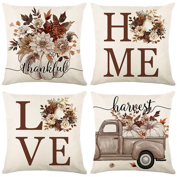 Square Cotton-Linen Throw Pillow Cover with Oversized LOVE Typography & Floral Wreath Print