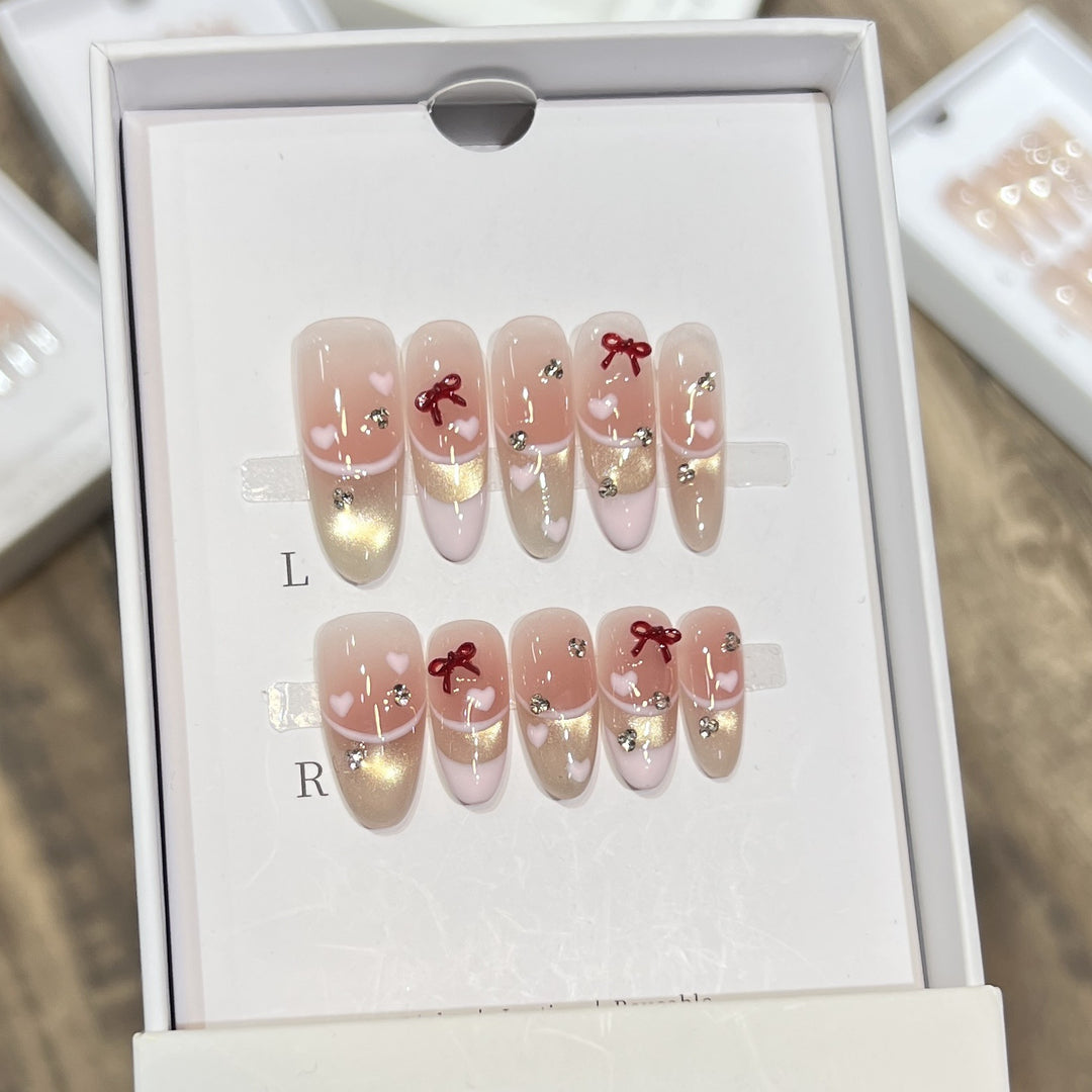 Decorative Press-On Nail Set with Heart and Bow Accents Stornfield