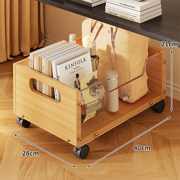 Mobile Wire Mesh Storage Crate with Walnut-Style Wooden Side and Locking Swivel Wheels