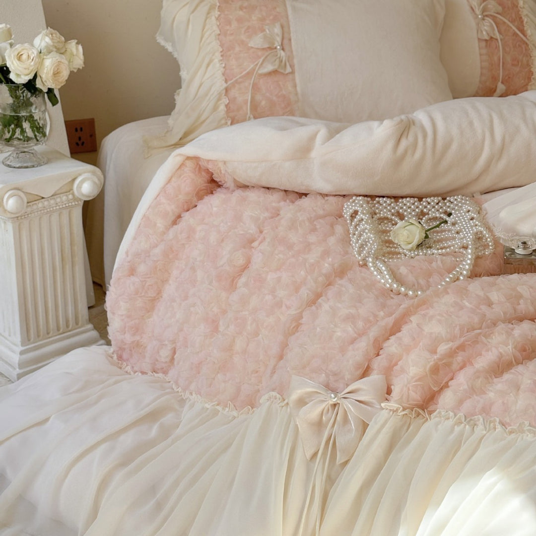 Romantic bedding set with ruffled edges, frills, and decorative accent pillows