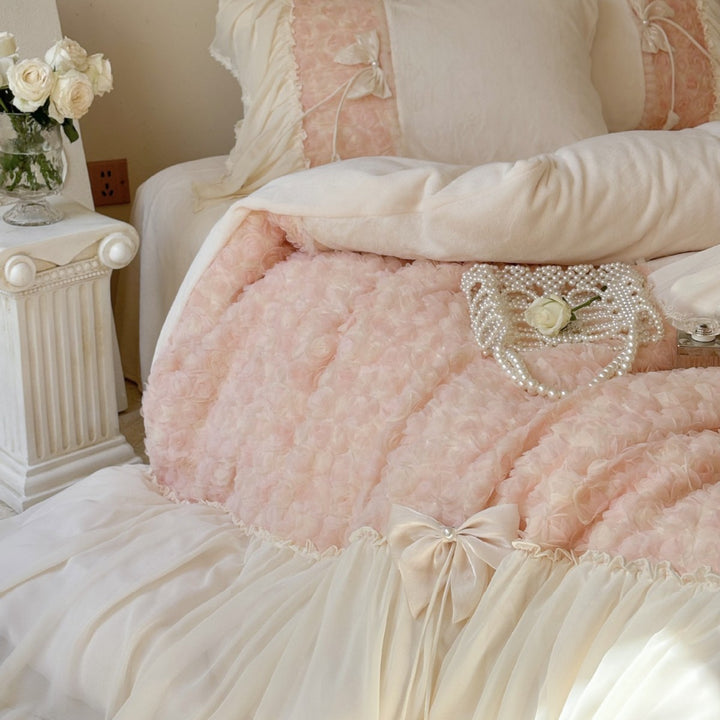 Romantic bedding set with ruffled edges, frills, and decorative accent pillows