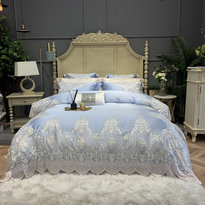 Luxury Embroidered Lace-Trim Duvet Cover Set with Decorative Pillow Shams