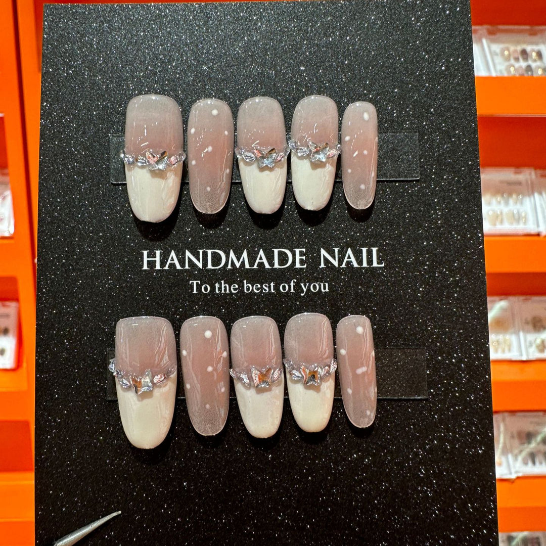 Handmade Elegant Press-On Nail Set with Gem Accents