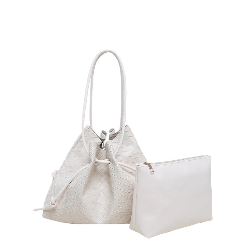 Woven Leather Bucket Bag with Pouch