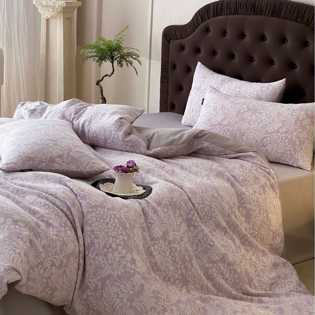 Reversible Brushed Microfiber Botanical Duvet Cover Set with Hidden-Zip Pillow Shams