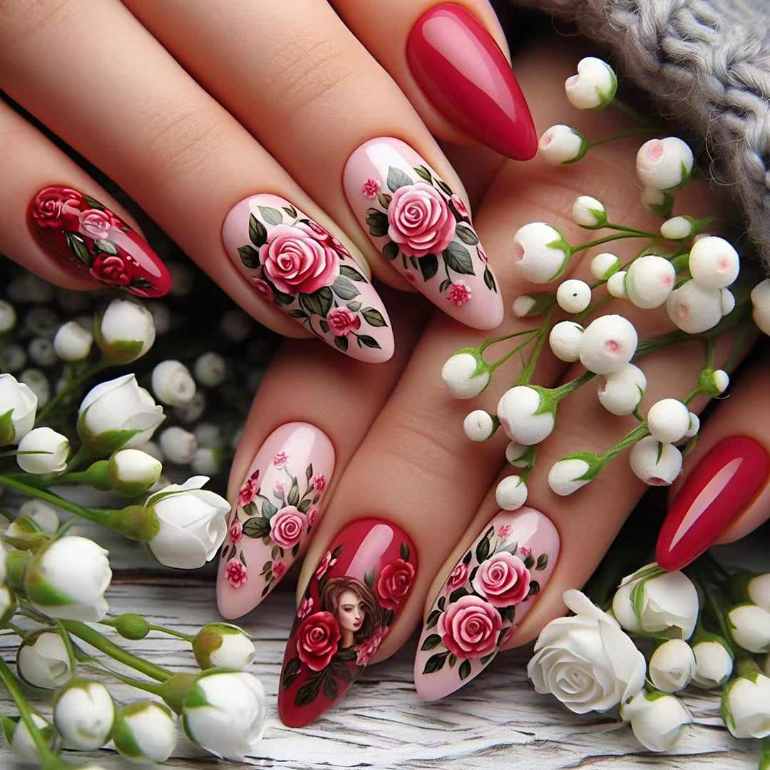 Creative Artificial Nails with Romantic Rose Design Stornfield