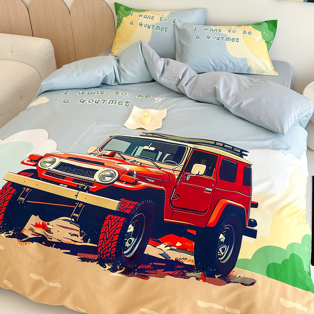 Children's bedding set with off-road jeep adventure illustration and soft cotton mix