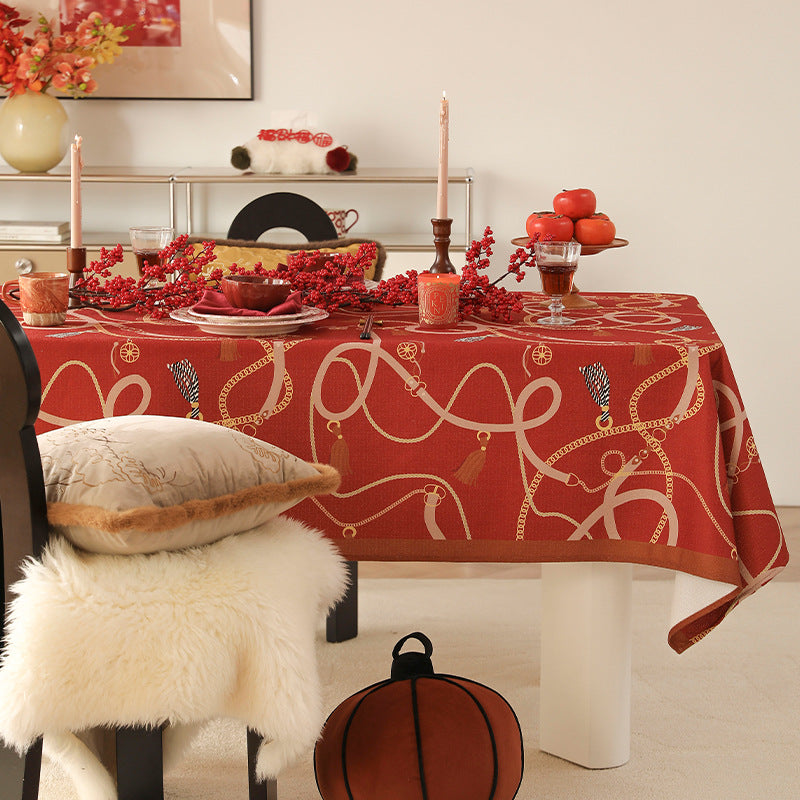 Rectangular decorative tablecloth with cord and tassel pattern as well as contrasted hem edge Stornfield