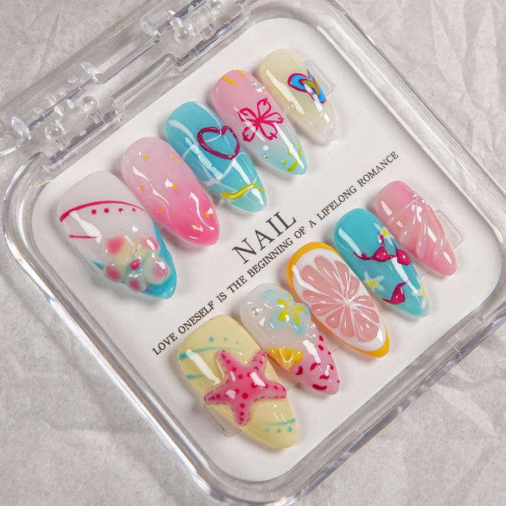 Artistic Press-On Nail Set Featuring Summer Designs