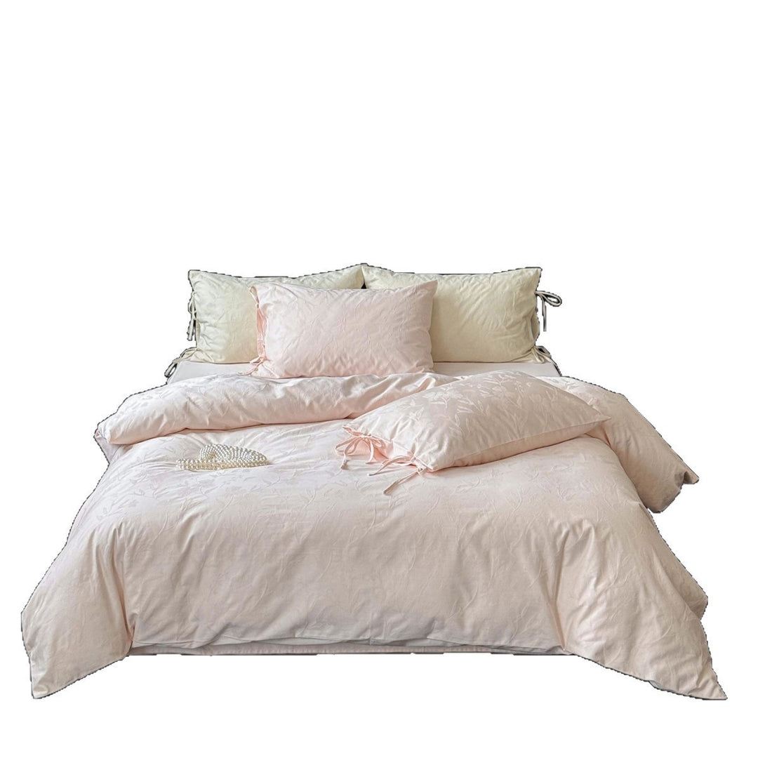 Jacquard Floral Satin-Feel Duvet Cover Set with Corner Ties & Bow-Tie Pillowcases