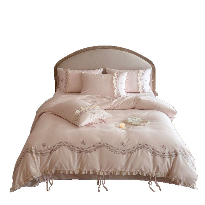 Embroidered Ruffled Cotton Duvet Cover Set with Pillow Shams and Tie Closures