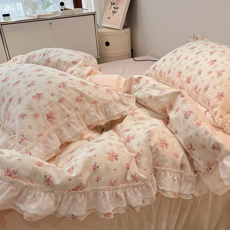 Ruffled Floral Lace-Trim Duvet Cover Set with Pillow Shams