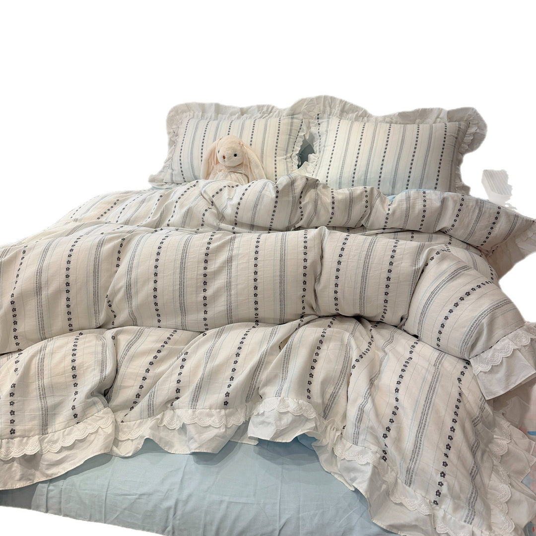 French Cottage Ruffled Cotton Duvet Cover Set with Striped Floral Embroidery and Frilled Pillow Shams