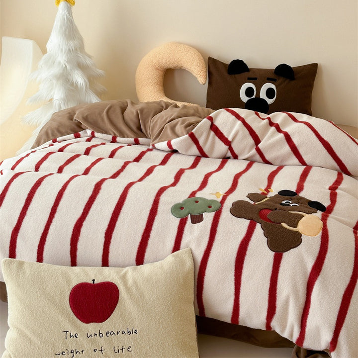 Plush Reversible Striped Duvet Cover Set with Embroidered Cartoon Appliqué