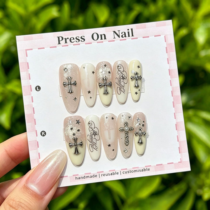 Customizable Press-On Nail Set with Artistic Cross Accents