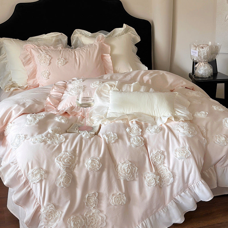 Luxury Appliqué Rose Ruffled Duvet Cover Set with Frilled Pillow Shams