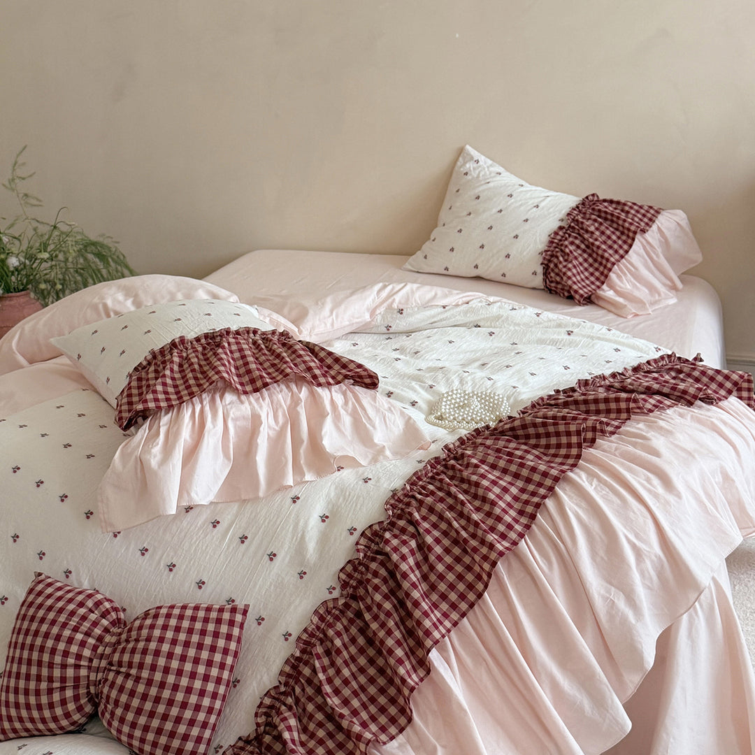 Ruffled Gingham-Trim Cotton Duvet Cover Set with Bed Skirt and Decorative Pillow Shams