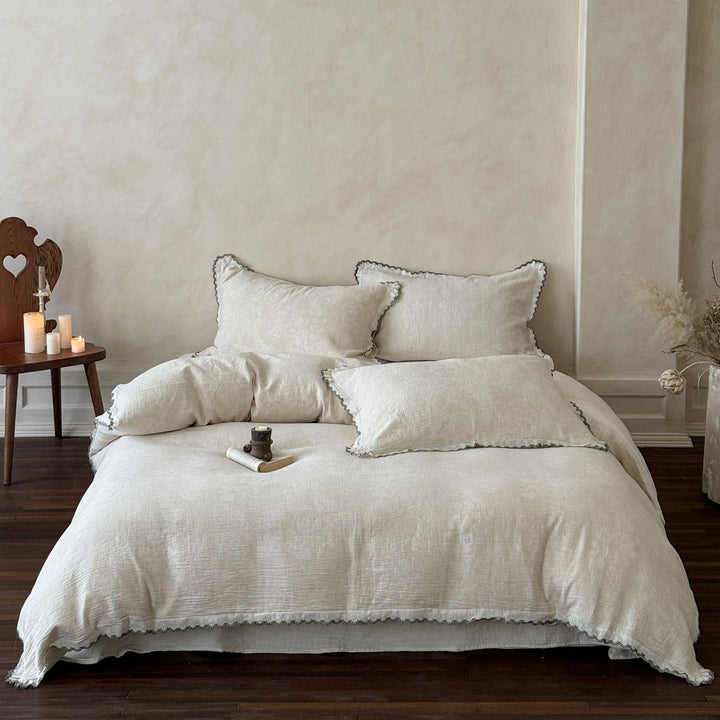 Washed Linen Duvet Cover Set with Scalloped Crochet Trim and Frayed-Edge Pillow Shams