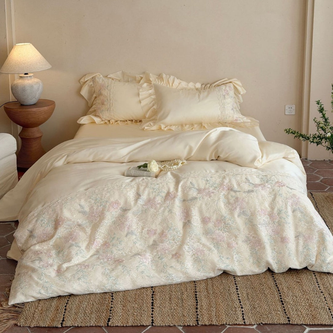 Floral Embroidered Ruffled Duvet Cover Set with Decorative Pillow Shams