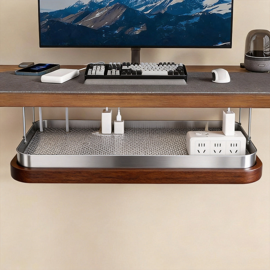 Under-Desk Adjustable Clamp-On Cable Management Tray with Power Strip Holder