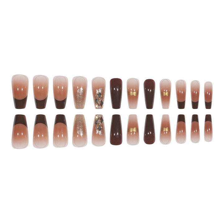 Elegant Long Press-On Nails with Decorative Gold Accents Stornfield