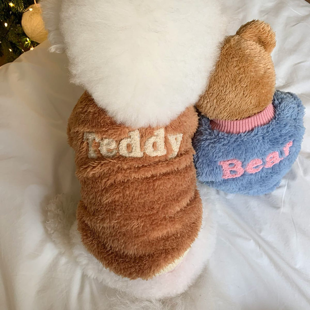 Teddy Plush Pullover Dog Sweater with High-Fit Ribbed Neck and Embroidered Lettering