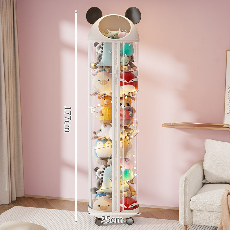Vertical Clear Cylinder Plush Toy Storage Tower with Divided Shelves and Caster Base