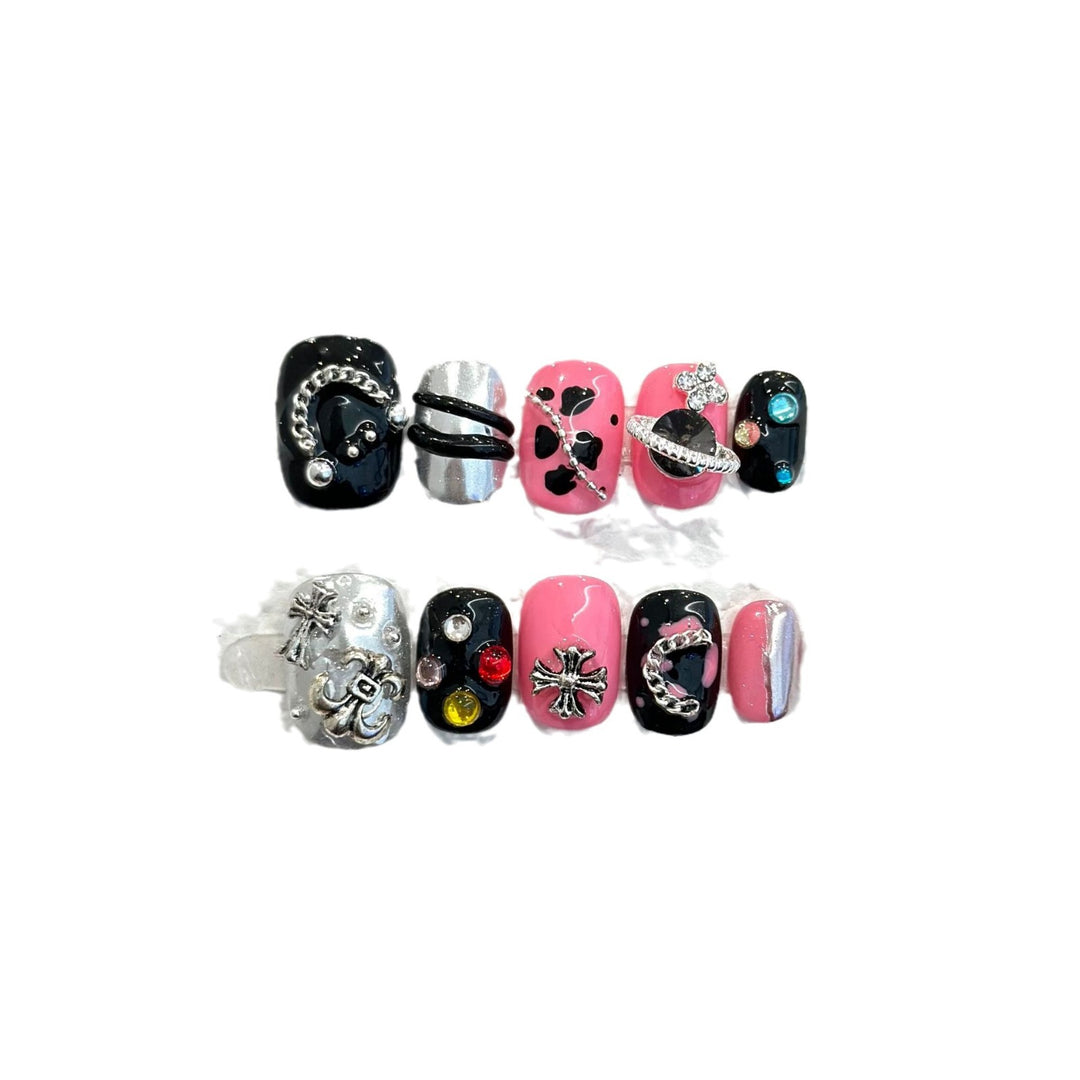 Artistic Press-On Nail Art Set with Unique 3D Accents