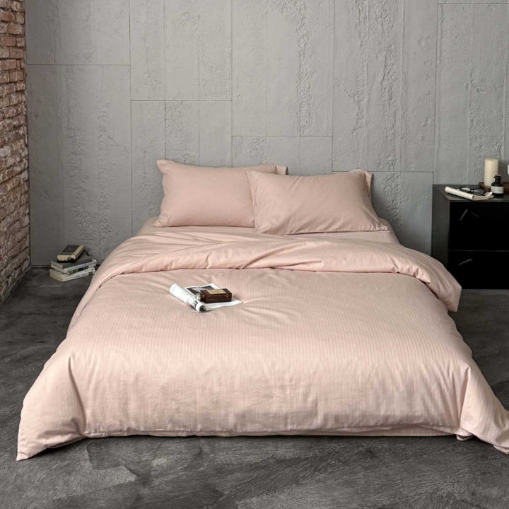 Minimalist Stripe-Textured Cotton Sateen Duvet Cover and Pillowcase Set with Hidden Zipper
