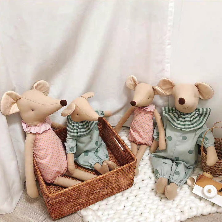 Vintage-Inspired Sewn Linen Elephant Plush Doll with Polka-Dot Dress