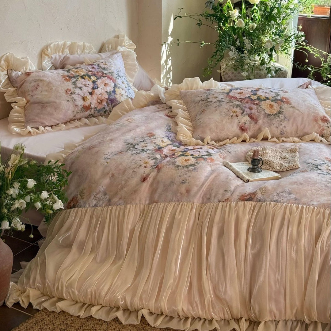 Floral Satin Ruffled Duvet Cover Set with Ruched Bedskirt & Decorative Pillow Shams