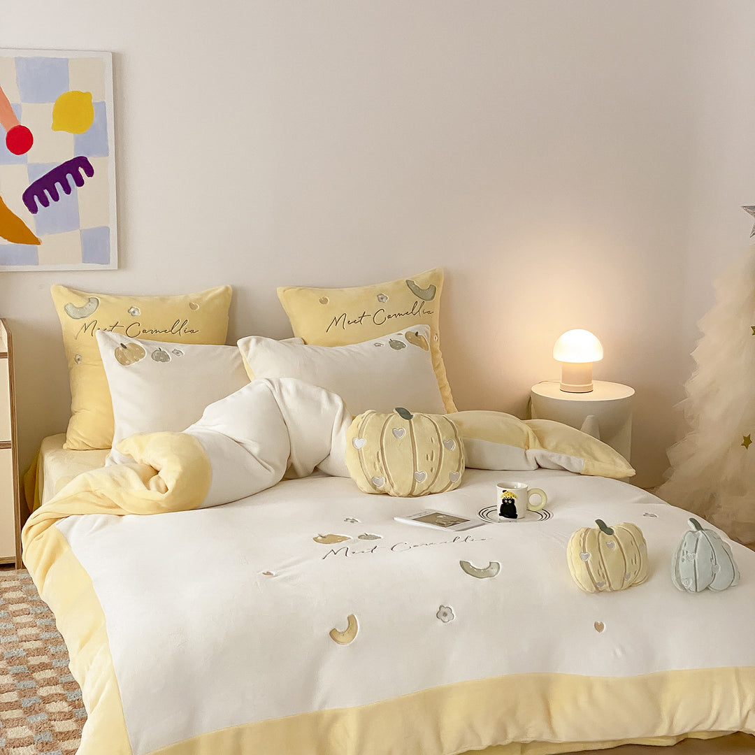 Velvet-Feel Pumpkin Embroidered Duvet Cover & Sham Set