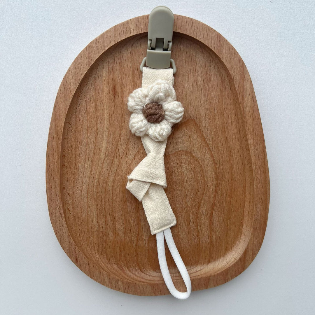 Handmade Cotton Pacifier Clip with Gingham Strap and Knitted Flower