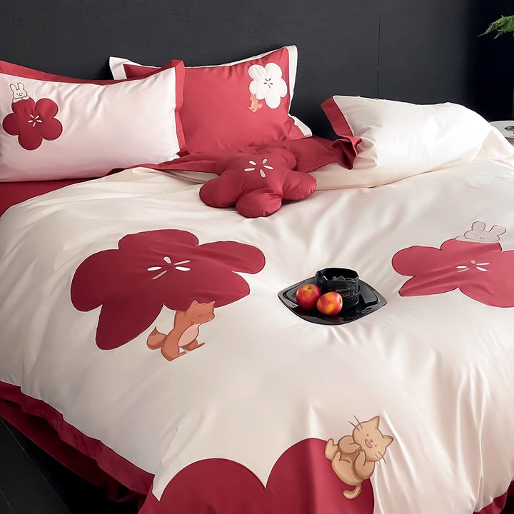 Floral Appliqué Cotton-Sateen Duvet Cover Set with Decorative Pillow Shams
