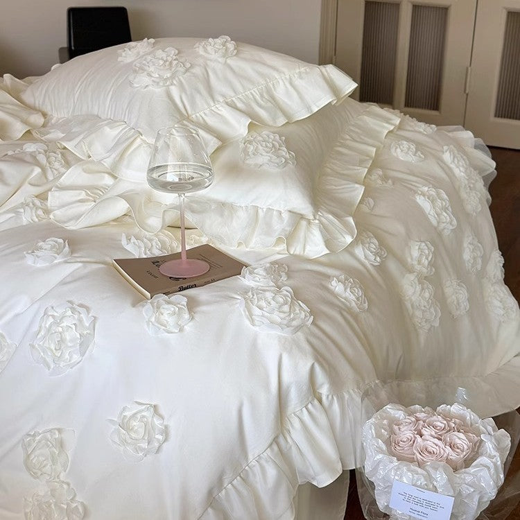 Luxury Appliqué Rose Ruffled Duvet Cover Set with Frilled Pillow Shams
