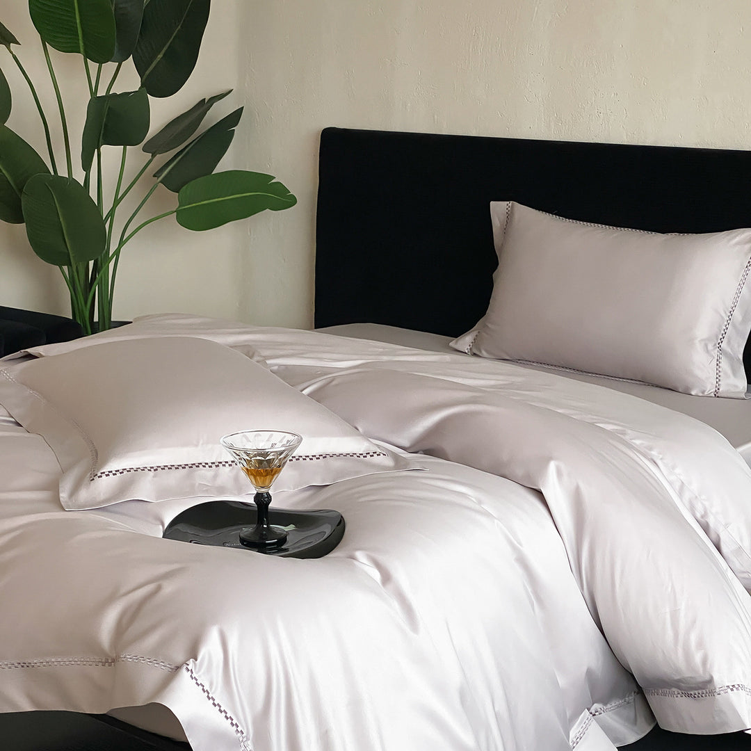 Premium Satin Bedding Set with fine hemstitch embroidery and silky smooth finish