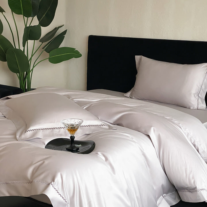 Premium Satin Bedding Set with fine hemstitch embroidery and silky smooth finish