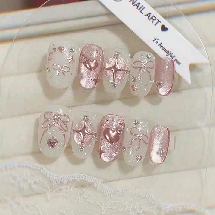 Elegant Press-On Nail Art Set with Gem Accents