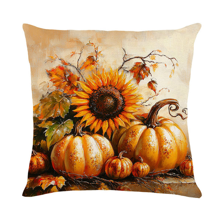Autumn Harvest Sunflower & Pumpkin Linen-Texture Square Throw Pillow Cover with Hidden Zipper
