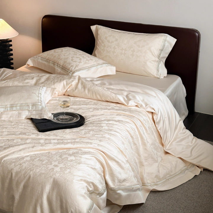 Silk-Feel Jacquard Floral Duvet Cover Set with Satin-Trim Pillow Shams
