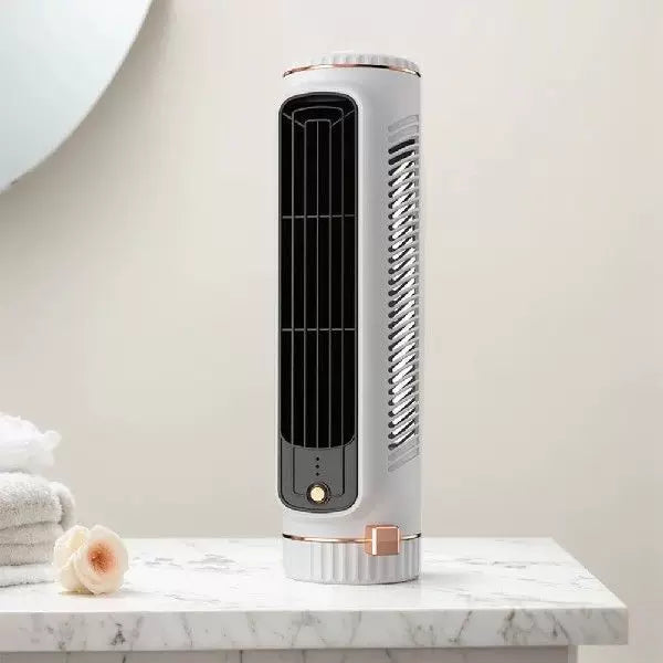 Unisex one-size compact rechargeable personal cooling stand fan with adjustable vertical louvers, multi-speed USB charging, and decorative sticker set Stornfield