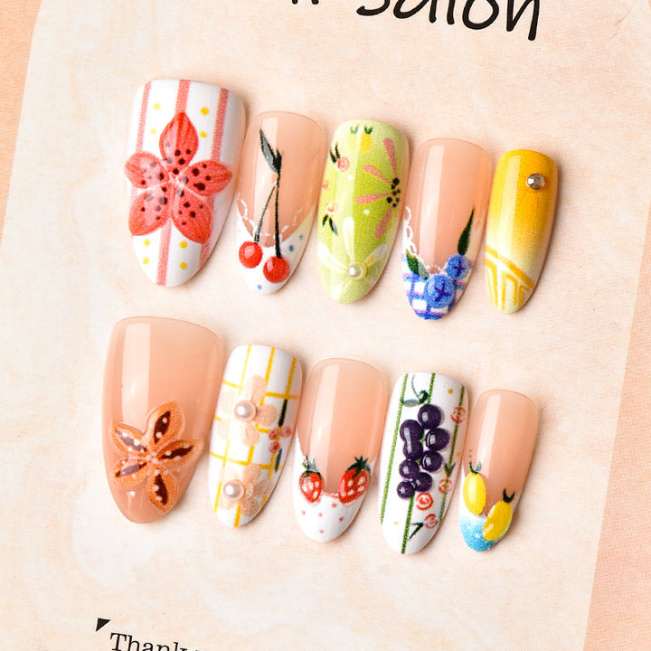 Decorative Press-On Nail Art Set with Floral and Fruit Designs Stornfield
